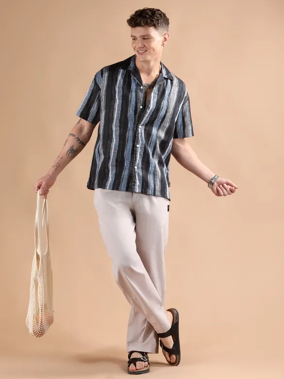 Blue and Black Printed Cuban Shirt
